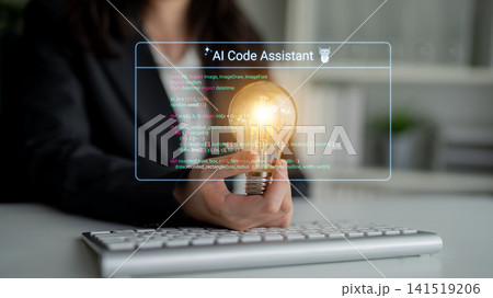 Innovative AI Code Assistant Concept with Bright Light Bulb in Hand Reflecting Technology and Creativity in Modern Workspace Environment Cyphers. Innovative AI Code Assistant Concept with Bright Light Bulb in Hand Reflecting Technology and Creativity in Modern Workspace Environment Cyphers. 141519206