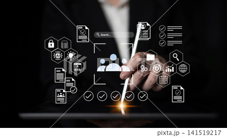 Digital Innovation Concept with Businessman Using Tablet to Access Data and Technology Interface for Collaboration and Project Management Gantry Digital Innovation Concept with Businessman Using Tablet to Access Data and Technology Interface for Collaboration and Project Management Gantry 141519217