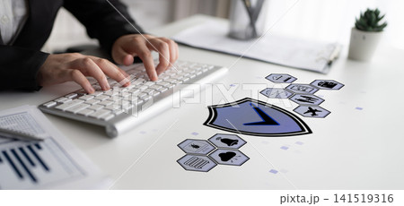 Hands Typing on Keyboard with Digital Security Icons in Modern Workspace Representing Cybersecurity Concepts and Protection Measures for Online Safety Quark Hands Typing on Keyboard with Digital Security Icons in Modern Workspace Representing Cybersecurity Concepts and Protection Measures for Online Safety Quark 141519316