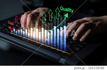 Business Strategy Concept with Hands on Laptop and Graph Illustrating Cost, Quality, and Performance Metrics in a Digital Workspace Environment. Bitwise Business Strategy Concept with Hands on Laptop and Graph Illustrating Cost, Quality, and Performance Metrics in a Digital Workspace Environment. Bitwise 141519390