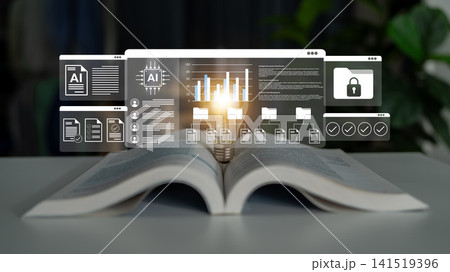 Conceptual representation of artificial intelligence and data analytics in a business setting with a glowing light bulb, representing innovation and creativity Gantry Conceptual representation of artificial intelligence and data analytics in a business setting with a glowing light bulb, representing innovation and creativity Gantry 141519396