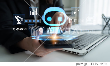 Hand of a person using smartphone with futuristic robot icons and technology symbols, illustrating the integration of AI and automation in daily tasks. Glyphic 141519486