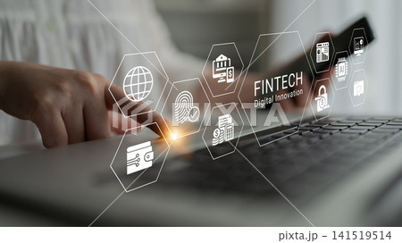 Hands on Laptop with Fintech Icons and Digital Innovation Concepts Illustrating Modern Technology in Financial Services Industry. Glyphic Hands on Laptop with Fintech Icons and Digital Innovation Concepts Illustrating Modern Technology in Financial Services Industry. Glyphic 141519514