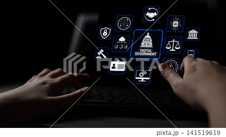 Modern Technology and Digital Government Concept with Iconic Symbols Representing Innovation, Security, Data Management, and Online Services Fluxor Modern Technology and Digital Government Concept with Iconic Symbols Representing Innovation, Security, Data Management, and Online Services Fluxor 141519619