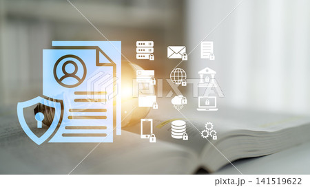Conceptual illustration of data privacy and security featuring documents, icons, and a light source on an open book representing technology and information management. Glyphic Conceptual illustration of data privacy and security featuring documents, icons, and a light source on an open book representing technology and information management. Glyphic 141519622