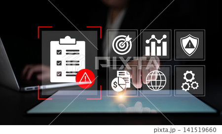 Digital Risk Management and Business Analytics Concept with Checklist and Icons on Table, Focus on Secure Data and Performance Metrics in Modern Office Environment Cyphers. 141519660
