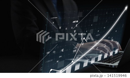Business professional analyzing financial data on a laptop with futuristic graphs and charts in a dark environment for modern technology and finance representation Copula Business professional analyzing financial data on a laptop with futuristic graphs and charts in a dark environment for modern technology and finance representation Copula 141519946