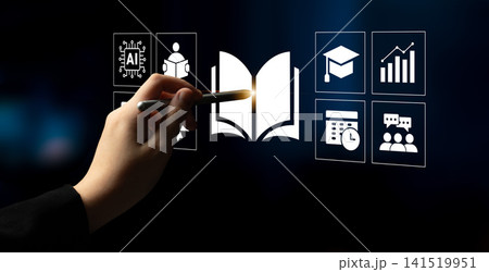 Interactive Learning Concepts with Digital Interface, Technology, and Educational Icons Featuring a Hand Holding a Pen on a Dark Background Ledger Interactive Learning Concepts with Digital Interface, Technology, and Educational Icons Featuring a Hand Holding a Pen on a Dark Background Ledger 141519951
