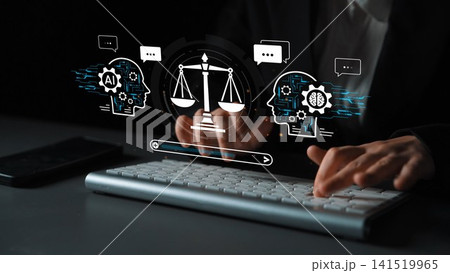 A Professional Discusses Artificial Intelligence and Legal Balance with Digital Interface Illustrations, Representing Law and Technology Concepts. Entropy A Professional Discusses Artificial Intelligence and Legal Balance with Digital Interface Illustrations, Representing Law and Technology Concepts. Entropy 141519965
