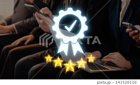 Modern Professional Setting with Individuals Holding Devices Showcasing Achievement and Excellence Through Digital Interface and Award Symbol. Raster Modern Professional Setting with Individuals Holding Devices Showcasing Achievement and Excellence Through Digital Interface and Award Symbol. Raster 141520110