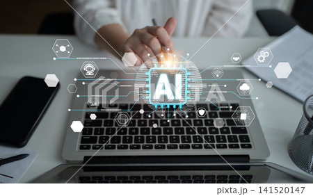Innovative Technology Concept Showing Artificial Intelligence Integration in Modern Work Environment with Focus on Laptop and Digital Elements Fluxor Innovative Technology Concept Showing Artificial Intelligence Integration in Modern Work Environment with Focus on Laptop and Digital Elements Fluxor 141520147