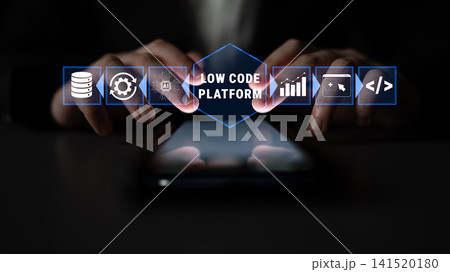 Hands Typing on Smartphone with Low Code Platform Icons and Data Symbols in a Dark Environment for Technology Concept Quark Hands Typing on Smartphone with Low Code Platform Icons and Data Symbols in a Dark Environment for Technology Concept Quark 141520180
