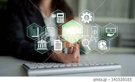 Business professional holding light bulb with payroll icons representing finance, accounting, management, and technology in modern digital workspace concept Fluxor 141520183