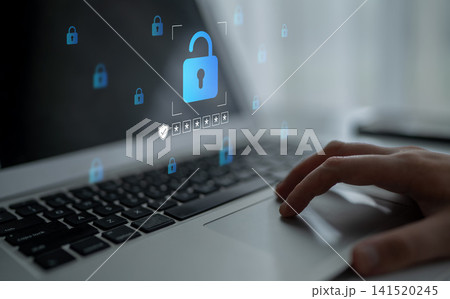 Secure Online Access Concept with Digital Lock Graphic on Laptop, Emphasizing Cybersecurity and Protection of Personal Information Cyphers. 141520245