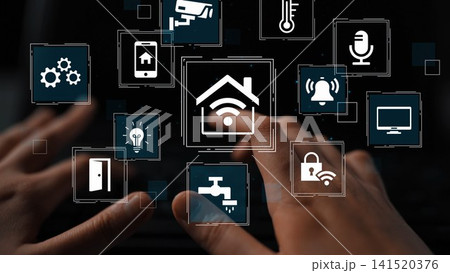 Modern Smart Home Technology Concepts Showing Home Automation Icons and User Interface with Hands on Keyboard. Entropy Modern Smart Home Technology Concepts Showing Home Automation Icons and User Interface with Hands on Keyboard. Entropy 141520376