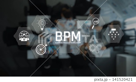 Abstract Conceptual Visualization of Business Process Management with Icons Representing Collaboration, Analysis, Strategy, and Efficiency in an Office Environment. Raster Abstract Conceptual Visualization of Business Process Management with Icons Representing Collaboration, Analysis, Strategy, and Efficiency in an Office Environment. Raster 141520421