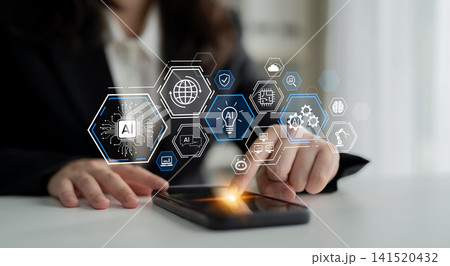 Business professional interacting with smartphone displaying artificial intelligence icons and digital technology concepts in modern workspace. Entropy Business professional interacting with smartphone displaying artificial intelligence icons and digital technology concepts in modern workspace. Entropy 141520432
