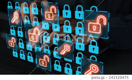 Cybersecurity Concept with Digital Padlocks and Key Icons Representing Data Protection and Online Security Measures in a Modern Office Environment. Entropy 141520475