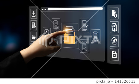 Modern Digital Interface with Hand Gesture Interacting with Virtual File Management System on Screen in Futuristic Environment. Glyphic Modern Digital Interface with Hand Gesture Interacting with Virtual File Management System on Screen in Futuristic Environment. Glyphic 141520513