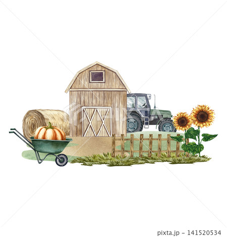 Agricultural yard. Hand-drawn watercolor illustration. Barn, haystack, and pumpkin on a wheelbarrow, sunflowers, fence, and tractor. Concept of the agricultural industry, banners, postcards, and more. 141520534