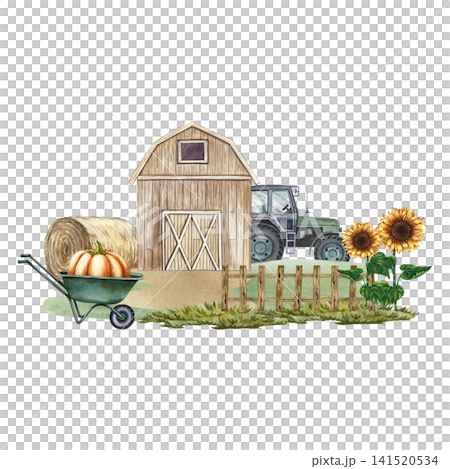 Agricultural yard. Hand-drawn watercolor illustration. Barn, haystack, and pumpkin on a wheelbarrow, sunflowers, fence, and tractor. Concept of the agricultural industry, banners, postcards, and more. 141520534
