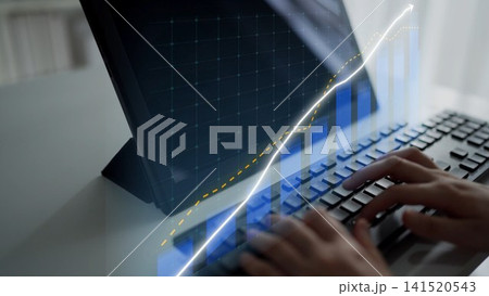Business and Technology Concept Featuring Hands Typing on Keyboard with Data Visualization and Growth Graph on Computer Screen in Modern Office Setting Copula Business and Technology Concept Featuring Hands Typing on Keyboard with Data Visualization and Growth Graph on Computer Screen in Modern Office Setting Copula 141520543