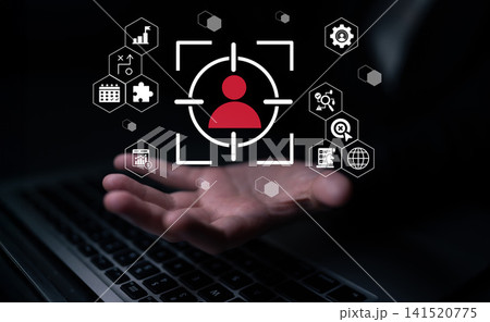Digital interface with user detection symbol and analytics icons depicting data analysis and technology in dark environment with hand gesture Gantry Digital interface with user detection symbol and analytics icons depicting data analysis and technology in dark environment with hand gesture Gantry 141520775