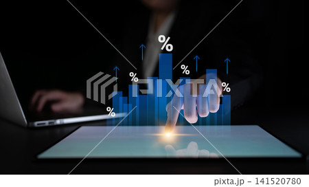 Businessperson Analyzing Financial Data with a Touchscreen Interface Surrounded by Graphs and Percentages for Performance Assessment Cyphers. 141520780