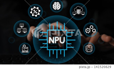 Futuristic NPU with Technology Icons Background Representing Artificial Intelligence and Data Processing Concepts. Entropy Futuristic NPU with Technology Icons Background Representing Artificial Intelligence and Data Processing Concepts. Entropy 141520829