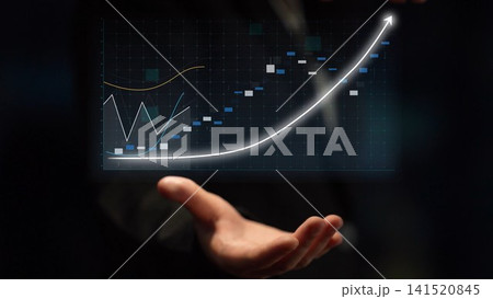 Business Growth Concept with Data Visualization and Rising Chart in Hands of Professional in Dark Suit Blurring Background Copula Business Growth Concept with Data Visualization and Rising Chart in Hands of Professional in Dark Suit Blurring Background Copula 141520845