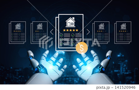 Hands of a robotic agent displaying property listings with ratings and currency sign, representing real estate technology and innovation in digital transactions Ledger Hands of a robotic agent displaying property listings with ratings and currency sign, representing real estate technology and innovation in digital transactions Ledger 141520946