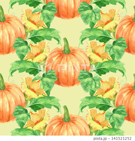 Seamless pattern of the pumpkin with the leaves and the flowers on a yellow background. Watercolor illustration. Handmade art work. For packaging design, cards, prints, product labels and fabric. 141521252