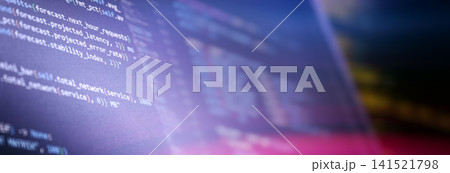 Abstract technology background with programming code. Predictive data analytics and server monitoring concept, panoramic web banner. Abstract technology background with programming code. Predictive data analytics and server monitoring concept, panoramic web banner. 141521798