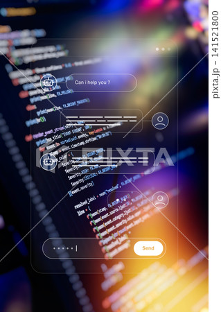 Smart bot conversation and prompt input field. Mobile application UX design overlay on complex developer software code. 141521800