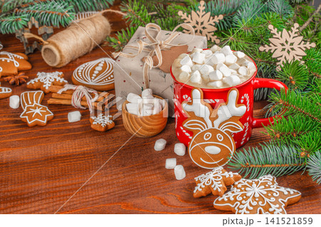 Christmas Hot Chocolate with Marshmallows and Gingerbread Cookies Christmas Hot Chocolate with Marshmallows and Gingerbread Cookies 141521859