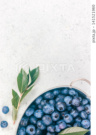 Fresh Blueberries in Metal Colander on Light Background with Copy Space Fresh Blueberries in Metal Colander on Light Background with Copy Space 141521960
