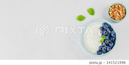 Greek Yogurt With Blueberries Granola And Mint Top View Greek Yogurt With Blueberries Granola And Mint Top View 141521996