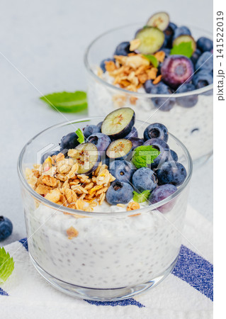 Blueberry chia yogurt parfait with granola in glass close up Blueberry chia yogurt parfait with granola in glass close up 141522019