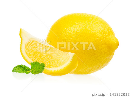 Fresh Whole Lemon and Lemon Wedge with Mint Isolated on White Background 141522032