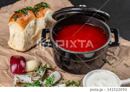 Traditional Ukrainian Borscht with Sour Cream Garlic Bread and Salo 141522050