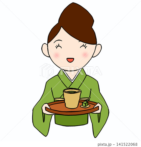 お茶を差し出す着物姿の女性のイラスト お茶を差し出す着物姿の女性のイラスト 141522068