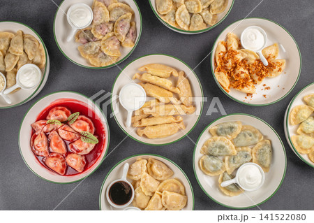 Assorted Traditional Pierogi Collection with Various Fillings Top View 141522080