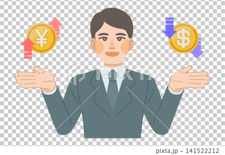 一幅插圖，描繪了一位男性上班族因日圓走強、美元走弱而歡欣鼓舞的情景。 141522212