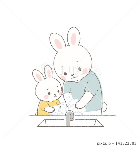 親子で手洗いをするかわいいウサギのイラスト 感染予防・衛生・健康習慣 親子で手洗いをするかわいいウサギのイラスト 感染予防・衛生・健康習慣 141522583