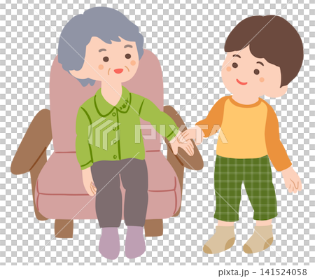 一位祖母坐在沙發上,一個男孩站在她旁邊。 一位祖母坐在沙發上,一個男孩站在她旁邊。 141524058