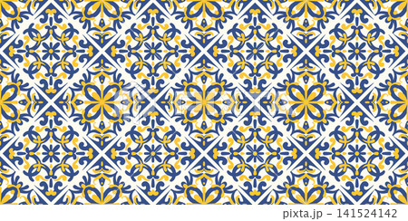 Blue ceramic tiles with Mediterranean elegance. Seamless Portuguese floral pattern. Ornate mosaics and geometric Spanish, Moroccan, and Italian design. Vector illustration 141524142