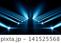 Symmetrical blue stage lights forming converging beams over reflective pathway with dramatic dark backdrop and strong geometric depth 141525568