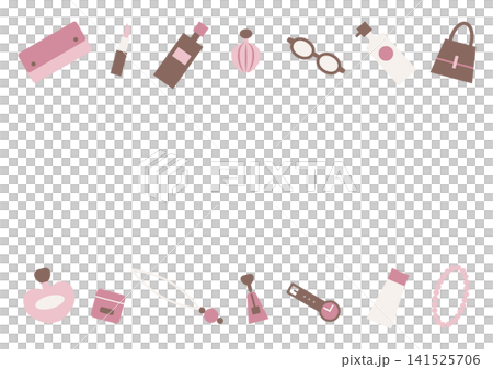 A simple and cute cosmetic illustration with a horizontal frame featuring perfume, cosmetics, bags, and accessories. A simple and cute cosmetic illustration with a horizontal frame featuring perfume, cosmetics, bags, and accessories. 141525706