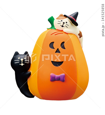 ハロウィン かぼちゃ＆猫フィギュア 魔女猫 黒猫 白背景 141525858