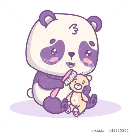 Cute Smiling Kawaii Panda Character Sitting and Brushing Teddy Bear Toy with Comb. Vector Illustration. Cozy Funny Cartoon Bear Representing Care, Friendship, Role Play, and Learning Hygiene Skills Cute Smiling Kawaii Panda Character Sitting and Brushing Teddy Bear Toy with Comb. Vector Illustration. Cozy Funny Cartoon Bear Representing Care, Friendship, Role Play, and Learning Hygiene Skills 141525895